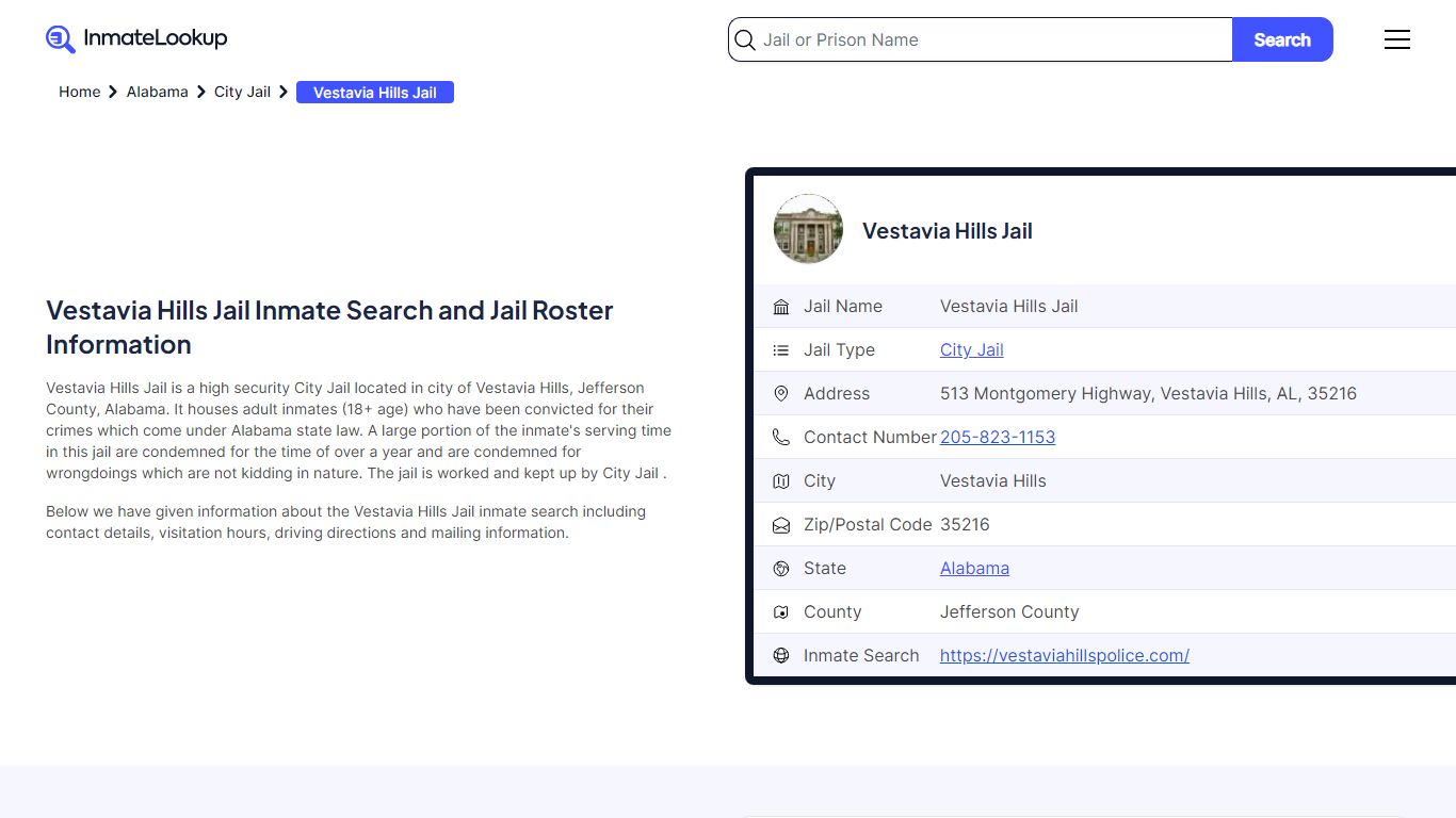 Vestavia Hills Jail Inmate Search and Jail Roster Information